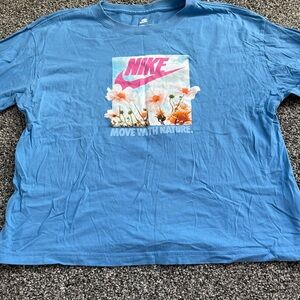 Nike Kids Blue Tee with Pink Logo and Floral Design